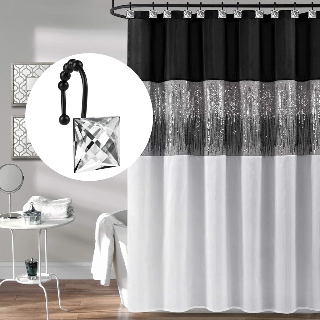 Sunlit Luxury Design Square Clear Diamond Crystal Gem Bling with Glide Balls Shower Curtain Hooks, Rust Proof Metal Rhinestones Glam Shower Curtain Rings with Black Hooks, Set of 12