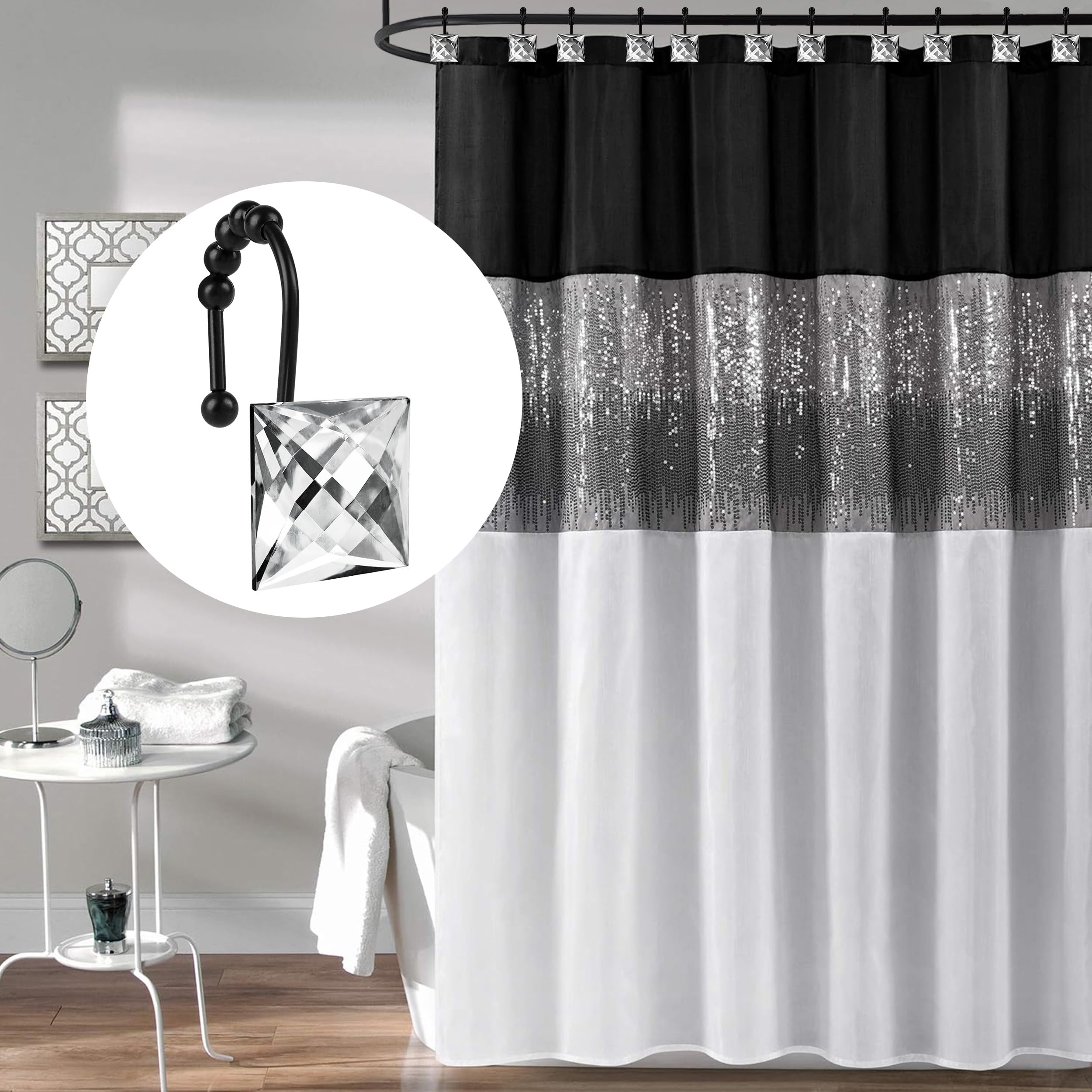Sunlit Luxury Design Square Clear Diamond Crystal Gem Bling with Glide Balls Shower Curtain Hooks, Rust Proof Metal Rhinestones Glam Shower Curtain Rings with Black Hooks, Set of 12