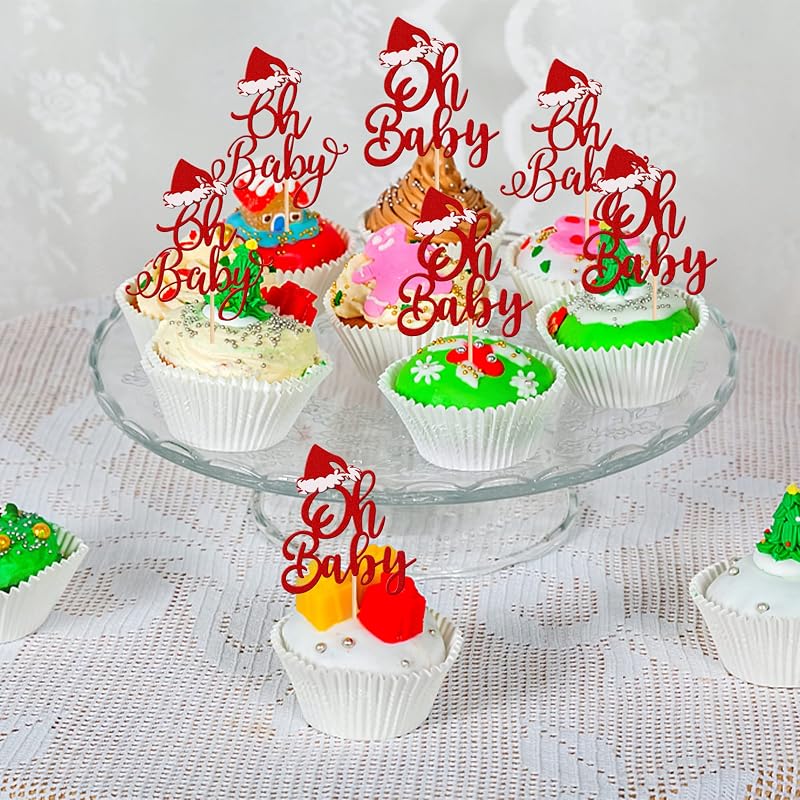 Oh Baby Cupcake Toppers 24 Pcs Red Glitter Santa Hat - Design 6 for Merry Christmas Baby Shower