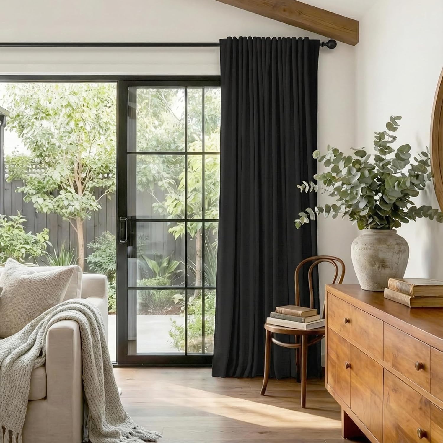 Skiennix 100% Blackout Linen Curtains - Thermal Insulated Drapes for Bedroom | 96" Long, Black