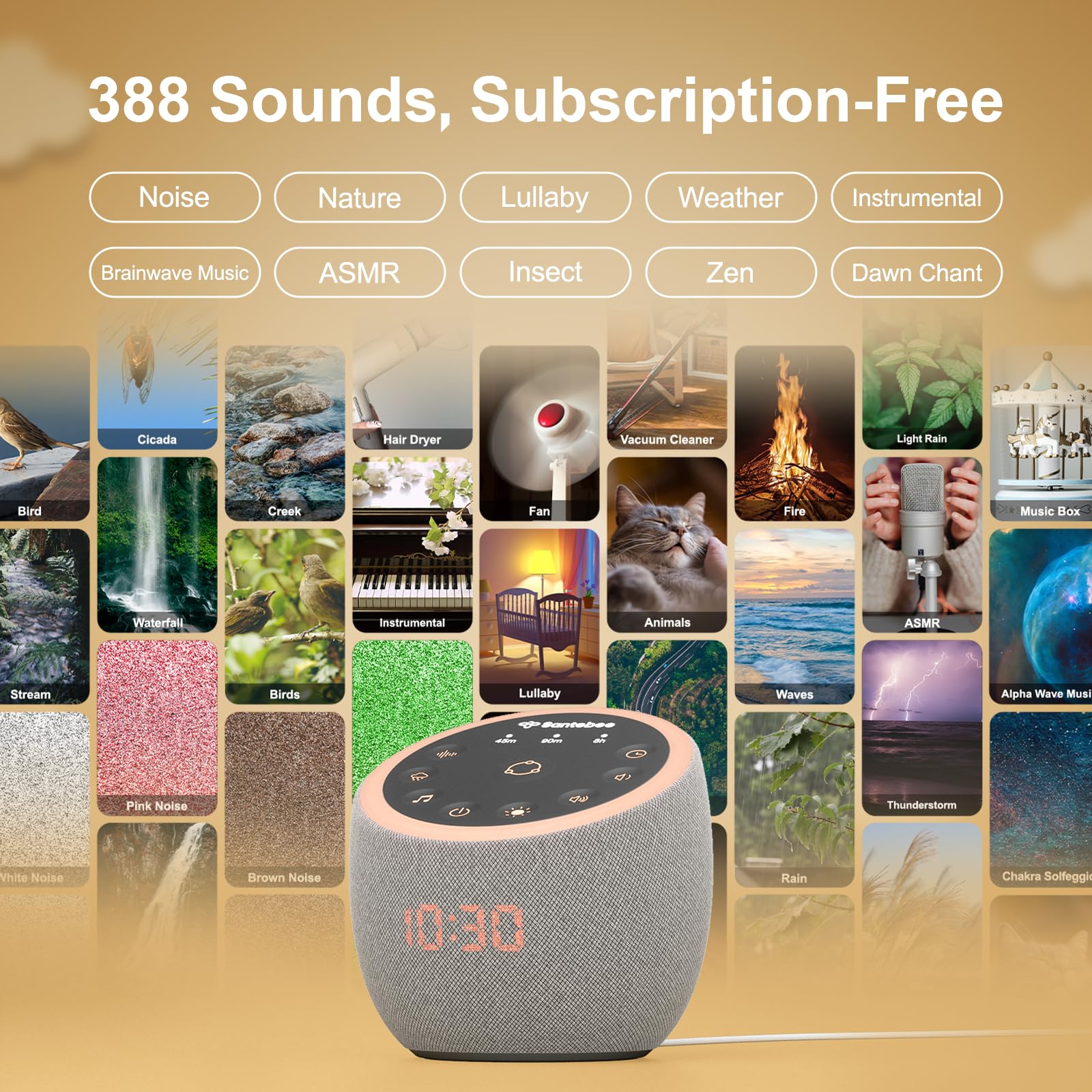 Santebee White Noise Sound Machine for Sleeping, 388 Soothing Sounds, Cocoon Pro 2 Smart APP Control, Custom Buttons Bedside Dimmable Alarm Clock Night Light, for Adults Baby Kids Lullaby