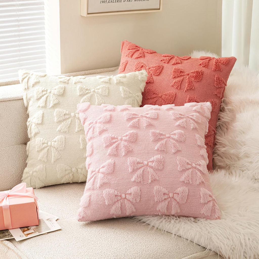MIULEE Light Pink Bow Pillow Covers Coquette Room Decor Aesthetic Set of 2 Spring Decorative Cute Girl Soft Plush Faux Pillowcase for Preppy Room Decor Bedroom Couch,18x18 Inch