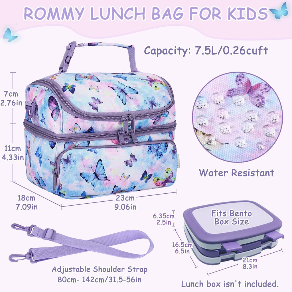 Kasqo Lunch Bag Kids, Dual Compartment Insulated Cooler Bag 7.5L Girls Boys Toddler Lunch Box Containers for Daycare School Kindergarten Travel Ombre Butterfly