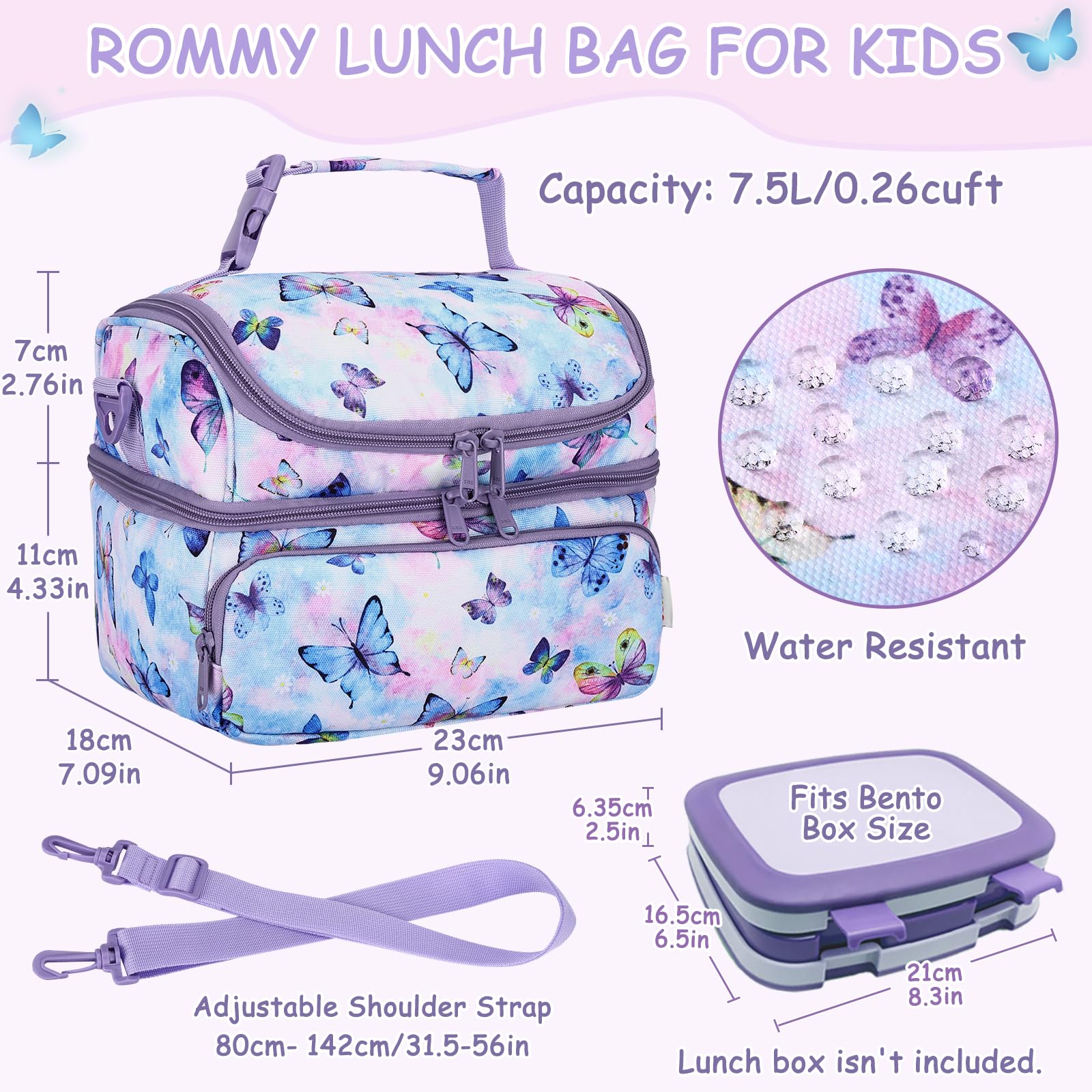 Kasqo Lunch Bag Kids, Dual Compartment Insulated Cooler Bag 7.5L Girls Boys Toddler Lunch Box Containers for Daycare School Kindergarten Travel Ombre Butterfly