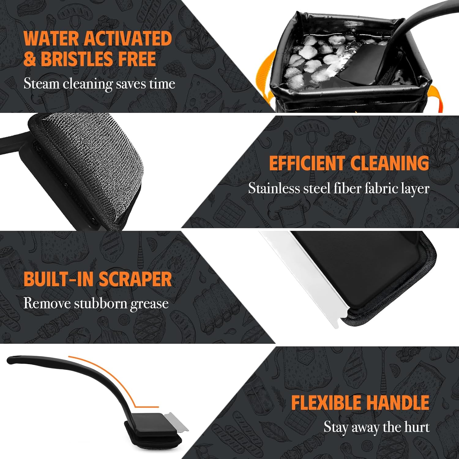 MEKER Grill Brush - Bristle-Free Design with Collapsible Bucket | 7-Piece Set for Easy Outdoor Cleaning, Black