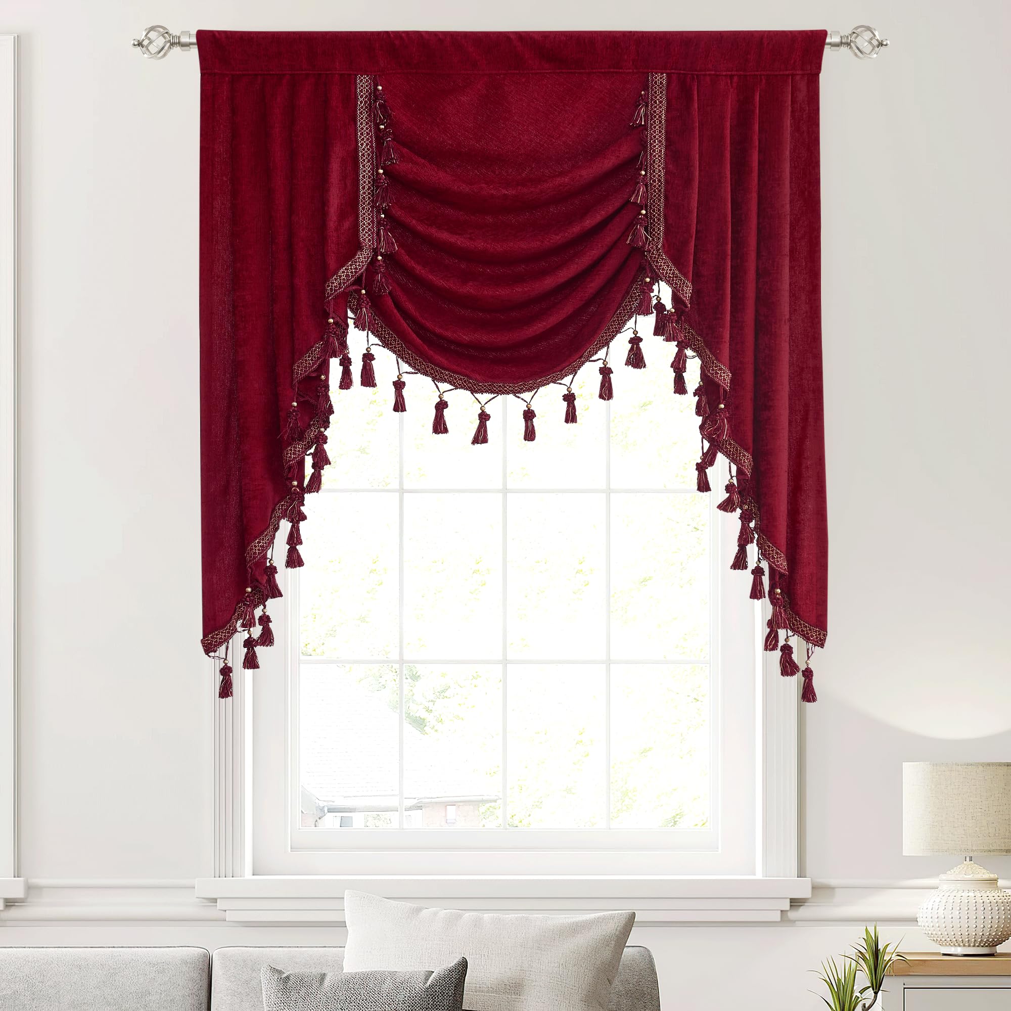 NICETOWN Blackout Kitchen Tier Curtains - Rod Pocket Waterfalll Valance/Swags for Basement Thermal Insulated Luxury Thick Chenille Curtain Valances for Bedroom (1 Panel, 39 Inches Wide, Red)