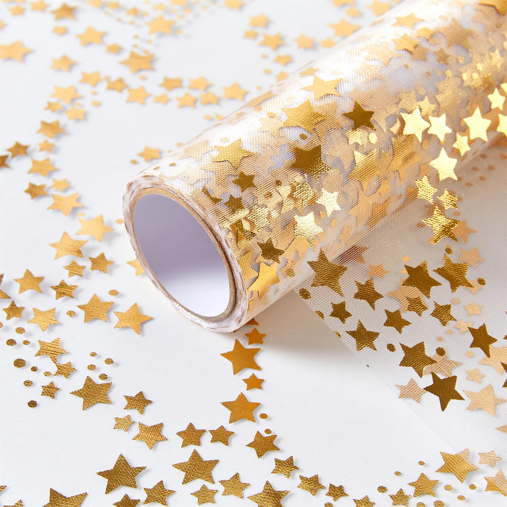 YATOJUZI Gold Table Runner Easter Table Decorations, 16 Ft Golden Star Sheer Chiffon Tulle Table Runners, Sequin Glitter Metallic Gold Foil Centerpiece for Wedding Anniversary Birthday Party