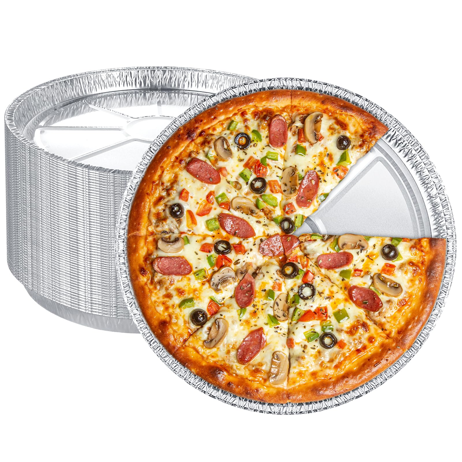 FWEEK 50 Pack Disposable Round Foil Pizza Pans Aluminum Pizza Pans for Personal Pizzas, 11 Inch Round Tin Foil Pan for Cookies, Cake, Focaccia-Freezer & Oven Safe