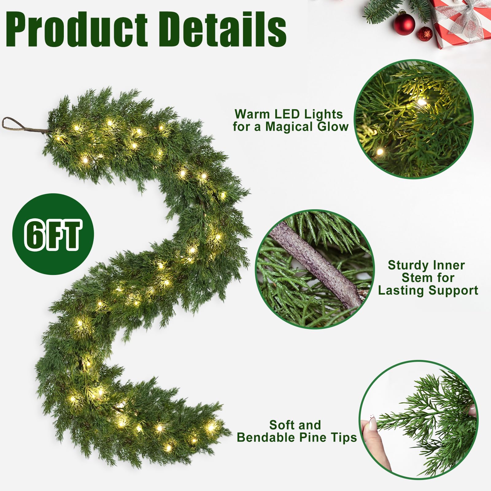 Realistic Christmas Garland With 8 Lighting Modes 6FT Real Touch Lush Artificial Cypress Garlands Prelit Garlands for Stairs Railing Fireplace Table Christmas Decorations Indoor Holiday Decor Greenery