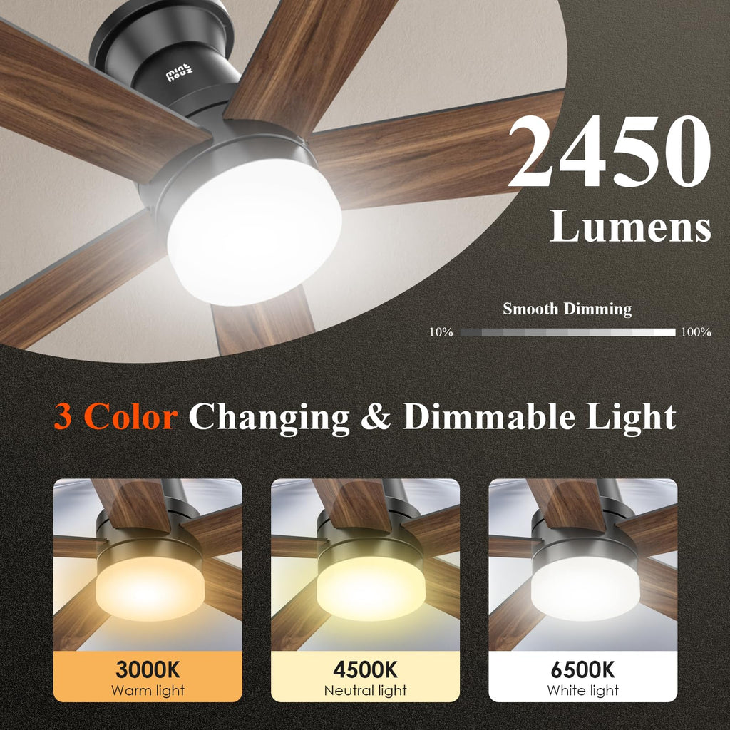 Minthouz Ceiling Fans with Lights, 42 inch Ceiling Fan with Light with APP/Remote Control, 6000K Dimmable LED, Modern Flush Mount Ceiling Fan for Indoor Bedroom Living Room, DC Reversible, Black