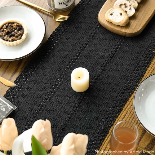 Artoid Mode Black Farmhouse Woven Rustic Hollow Table Runner, Seasonal Holiday Kitchen Dining Table Decoration for Home Party Decor 12x36 Inch