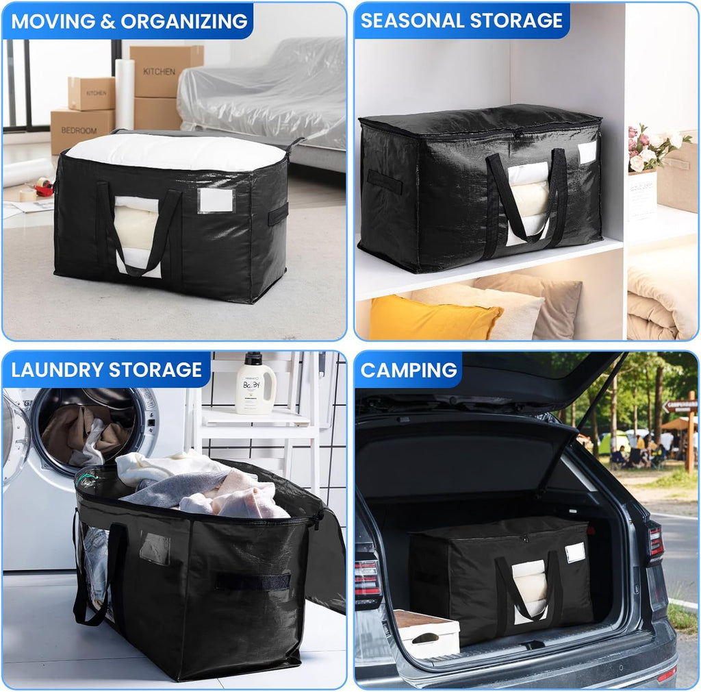 TAILI Extra Large Moving Bags - 4 Pack Heavy Duty Black Totes with Visible Window & Wrap Around Handles