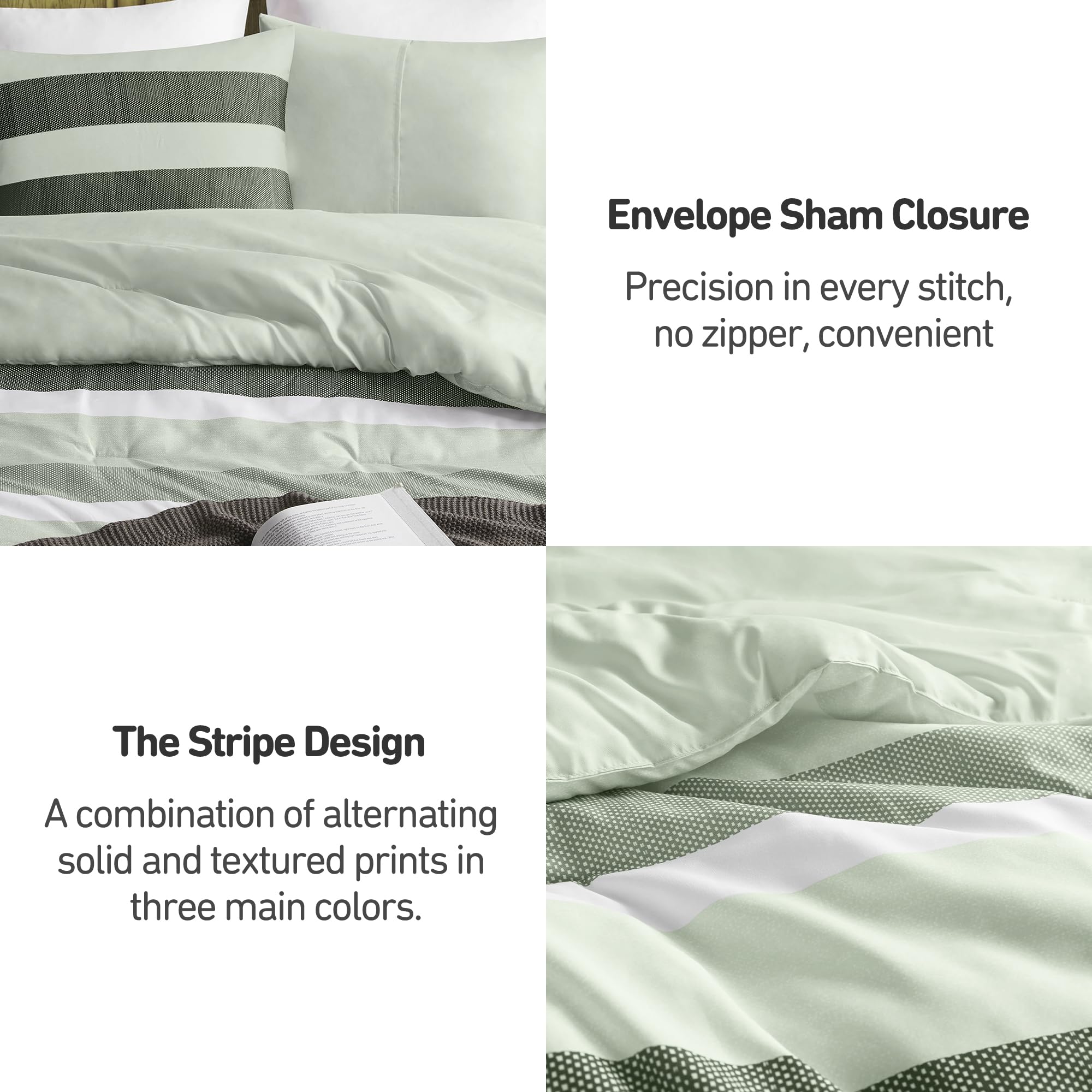 Regency Heights Full/Queen Size Comforter Set Sage Green - 3 Pieces Modern Striped Quilt Bedding for Dorm All Season Soft Lightweight Reversible Bed Set with Comforter & Shams