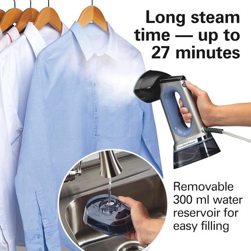 Hamilton Beach Durathon Handheld Garment Steamer - 1700W Quick Heat-Up, 300ml Tank, Gray & Blue