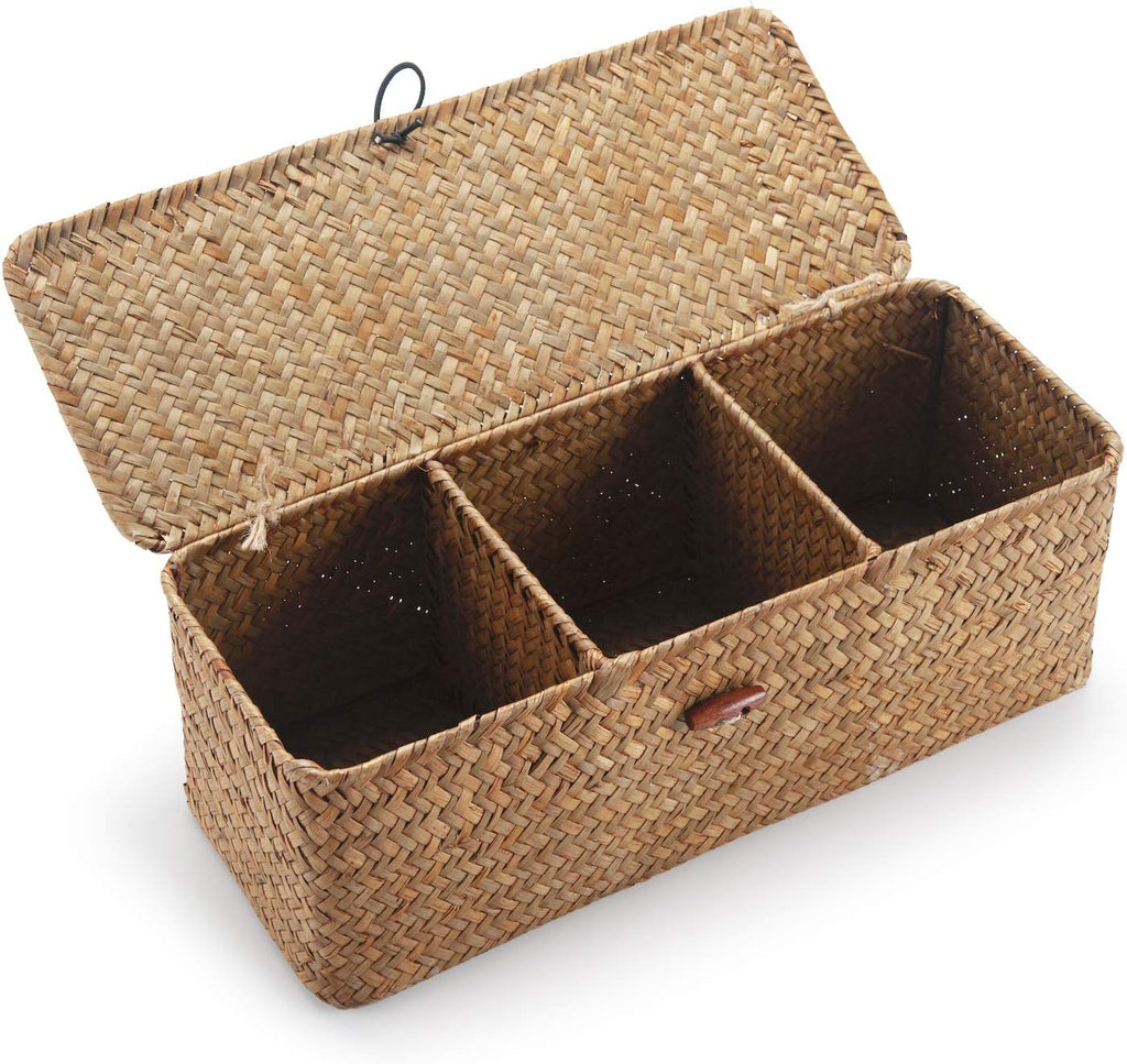 Seagrass Tank Basket - Woven Storage Basket with Lid for Organizing Snacks & Toys | Large 16.5" L x 5.5" W x 5.5" H