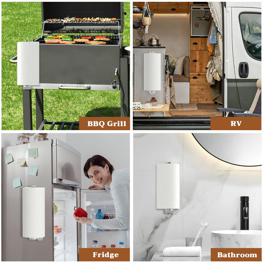 Swaitee Magnetic Paper Towel Holder for Fridge, Under Cabinet Paper Towel Holder Wall Mount, Self Adhesive No Drill, One Hand Tear Ratchet, Fits Jumbo Rolls, Silver for Kitchen RV Garage