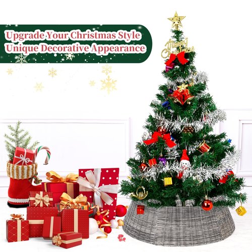 Vencer 26.5''Christmas Tree Collar, Plastic Rattan Xmas Tree Skirt,Rustic Decorations,Tree Skirt Base for Christmas Tree Decorations,Grey,VTO-039