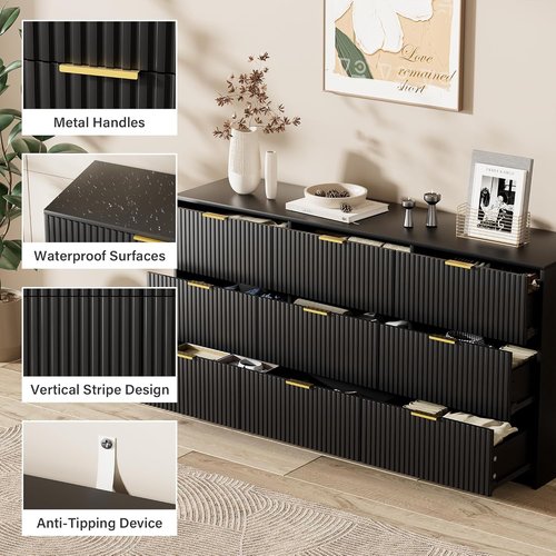 Furniway Black Dresser - Modern 9-Drawer Chest with Smooth Slides & Golden Handles | 63" W x 31.5" H