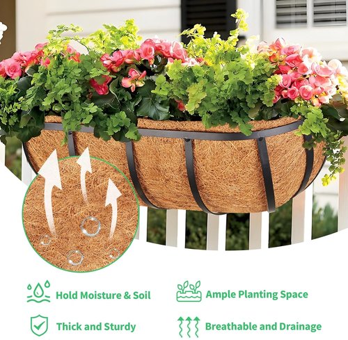Legigo 16-Inch Window Box Planters - 2 Pack Metal Railing Planters with Coconut Liners for Outdoor Use