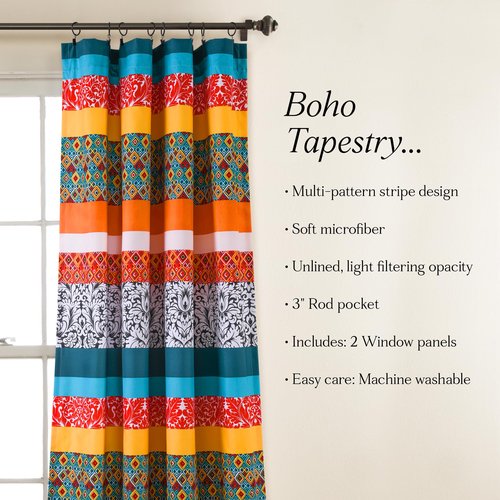Lush Decor Boho Stripe Window Curtain Bohemian Geomatric Floral Design Panel Pair, 52" W x 84" L, Turquoise & Tangerine