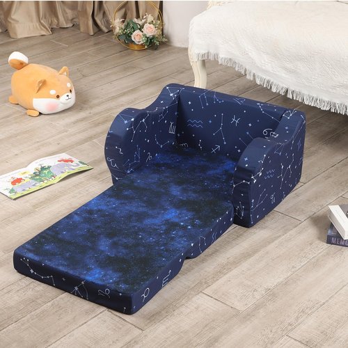 MOMCAYWEX Kids Sofa, 2-in-1 Flip-Out Foam Couch, Foldable Soft Play Lounge Chair, Blue