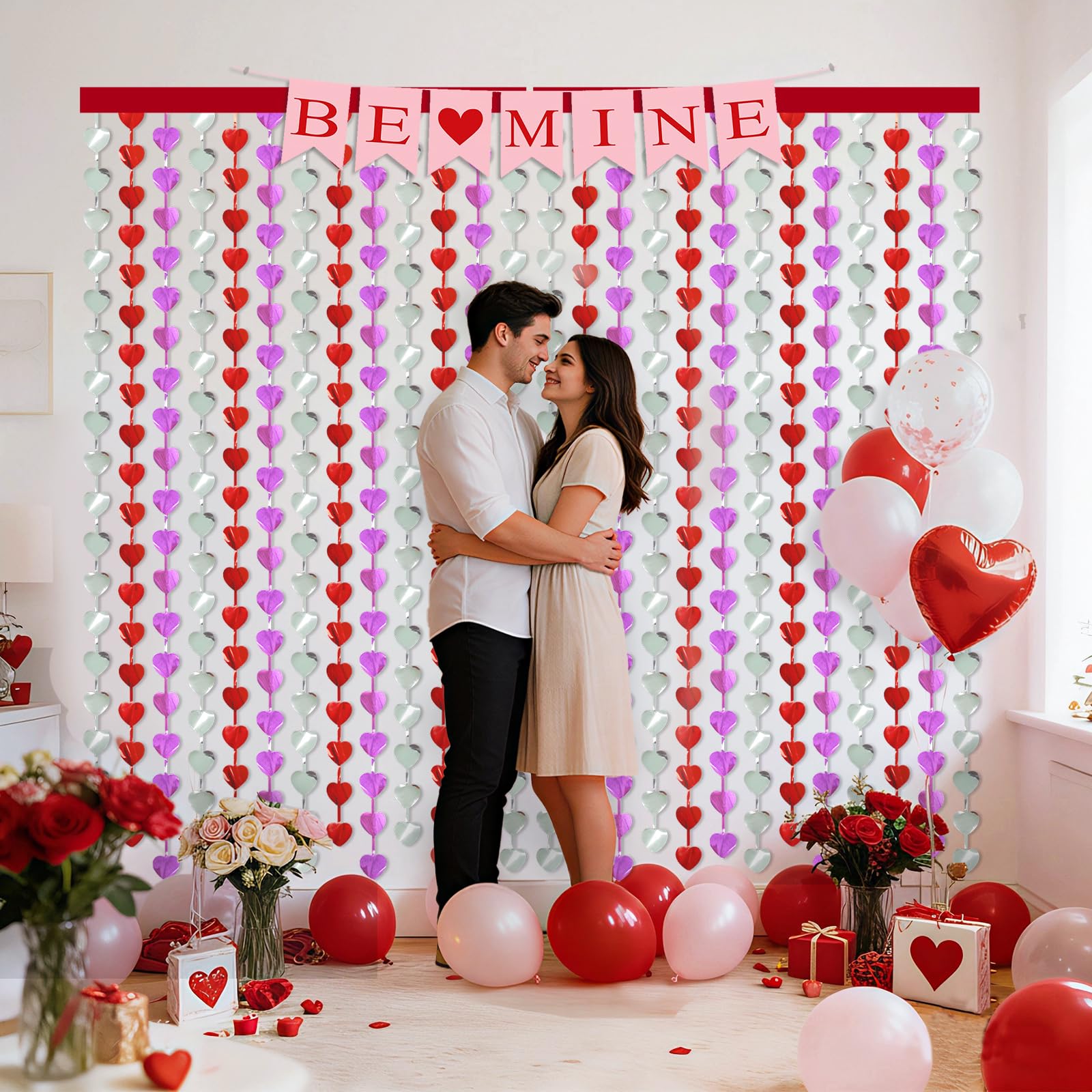 Valentines Decorations, 2 Pack Heart Foil Fringe Curtains 3.3x6.6ft, Red Purple Silver Tinsel Streamer Backdrop, Valentines Photo Backdrop for Party, Galentines, Birthday, Engagement