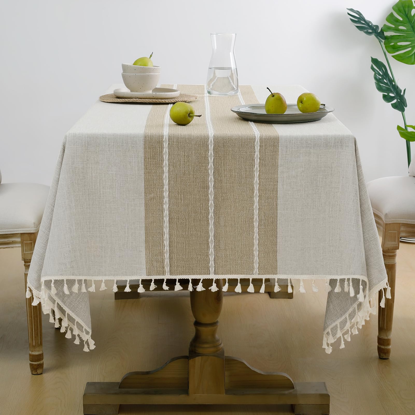 Softalker Outdoor Tablecloth Rectangle, Waterproof Linen Cotton Farmhouse Table Cloths with Tassel, Heavy Weight Wrinkle Free Boho Table Cover for Picnic Camping Dining - 55 x 84 Inch, Coffee Lines