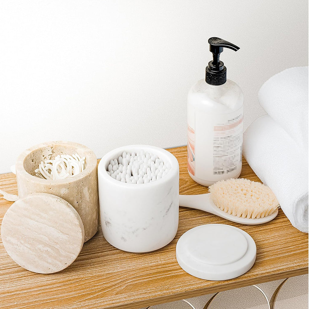 WORHE Travertine Qtip Holder Dispenser - Large Capacity Marble Jar for Bathroom Essentials | Beige