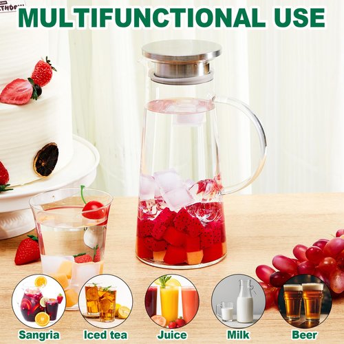 Didaey 4 Pcs 1.5/1.8/2 Liter Glass Pitcher with Lid and Spout Heat Resistant Glass Water Carafe with Handle for Hot/cold Beverages Large juice Jug for Juice Coffee Iced Tea, 51oz, 61oz, 68oz