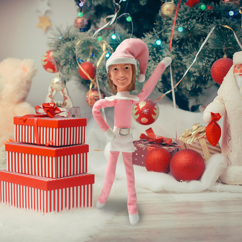 Party Monkeys Bend and Pose Pink Timeless Holiday Charm Martha Elf 35cm Ornament – Handmade Pink Christmas Elf Decoration for Tree, Mantel, Shelf, and Holiday Party Décor