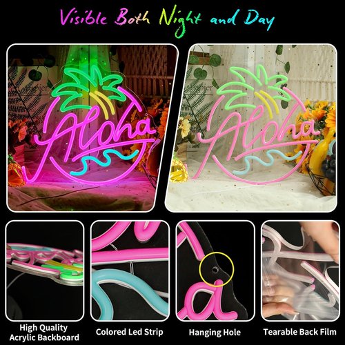 Aloha Neon Sign - Tropical Beach Party Decor | Pink Blue Green LED Light for Tiki Bar & Hawaiian Vibes