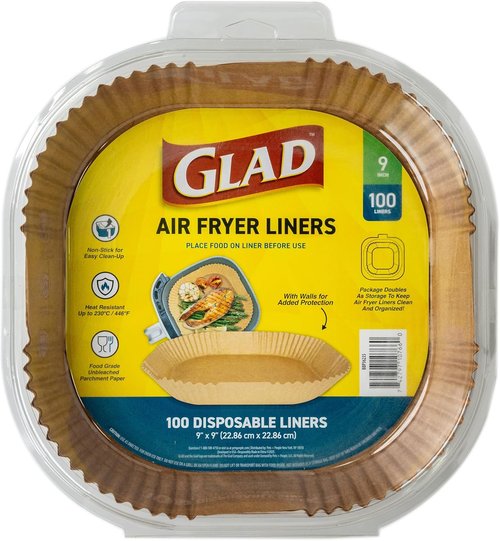 Glad Air Fryer Liners - Nonstick, Heat Resistant, Food Grade Material - 9" Rounded Square Shape, 100 Count
