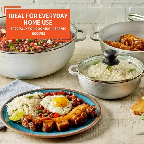 IMUSA Caldero Stock Pot with Glass Lid 3pc Set, 1.5/2.5/5.2qt, Cast Aluminum, Perfect for Serving Medium & Small Groups, Riveted Handles, Made in Colombia, Silver.