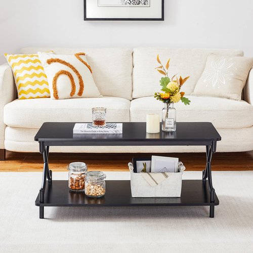 VECELO 39-Inch Coffee Table with Storage and Open Shelves for Living Dining Room, Modern Rectangle & Industrial Design, X-Shape Frame, Black
