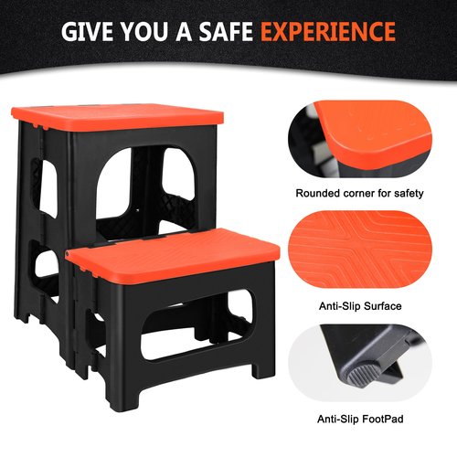 Folding 2-Step Stool, Non-Slip Portable Footstool 8" & 17" Dual Heights, Holds 250 lbs, Portable Footstool for Kitchen Home Toilet Bedroom Office Bathroom RV(Orange)