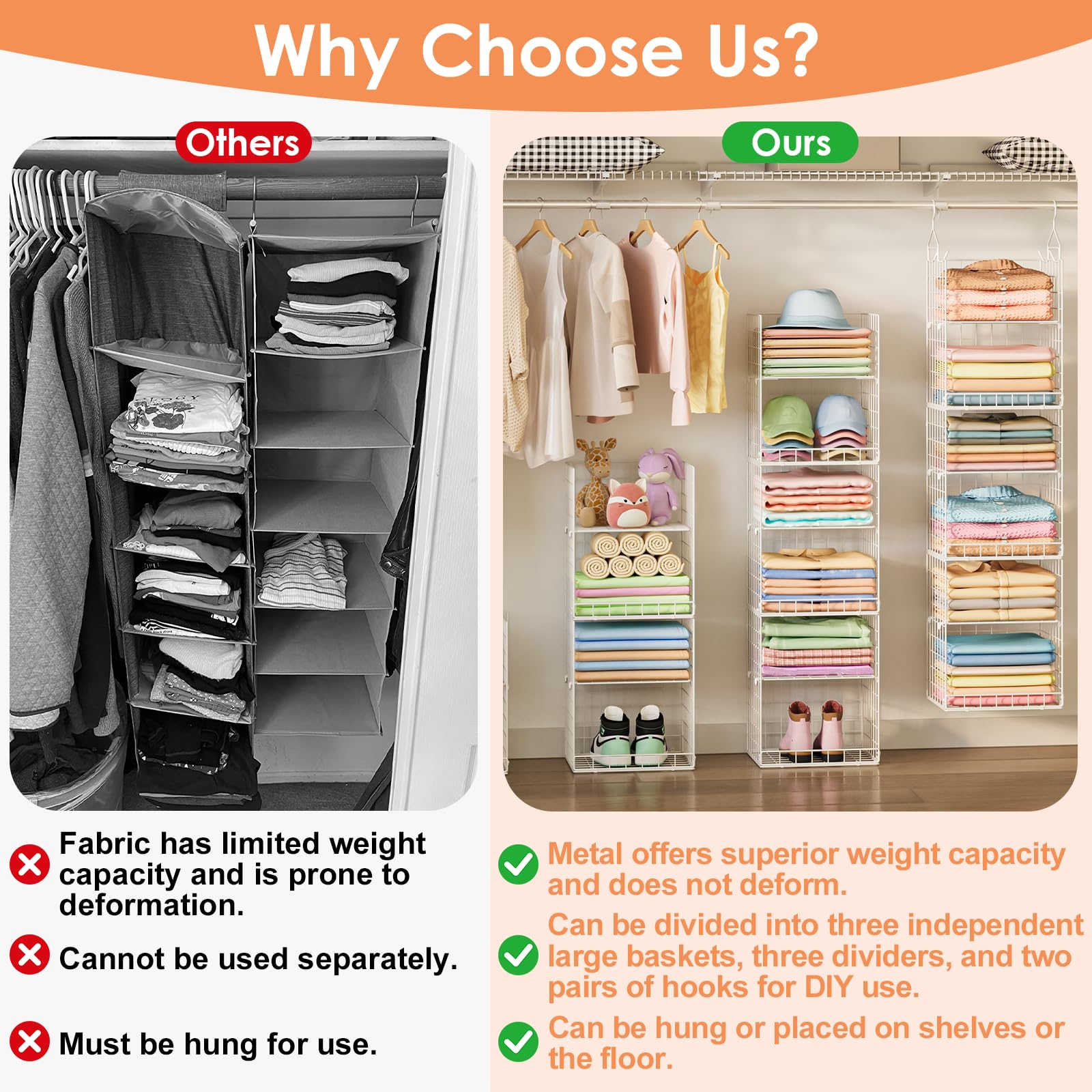 Yuyetuyo 6 Tier Raised-Height Hanging Closet Organizer, Stackable Sweater Organizer for Closet, Wire Storage Basket Bins for Clothes Purse Shoes, Hanging Shelves with 4 Hooks & 3 Dividers Adjustable