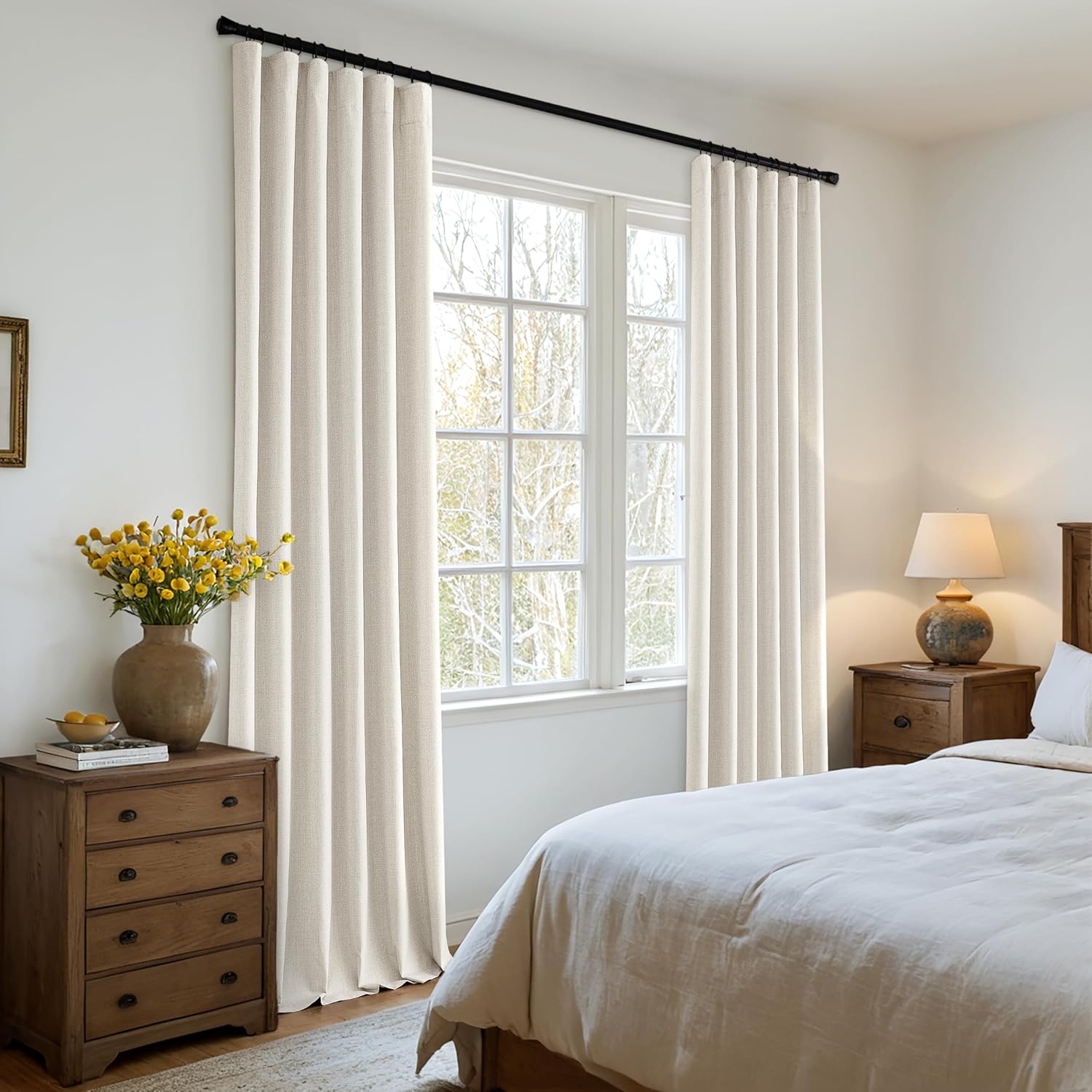 MIULEE 100% Blackout Curtains - Luxury Faux Linen Room Darkening Drapes, 84 Inch Long, Birch - 2 Panels Set