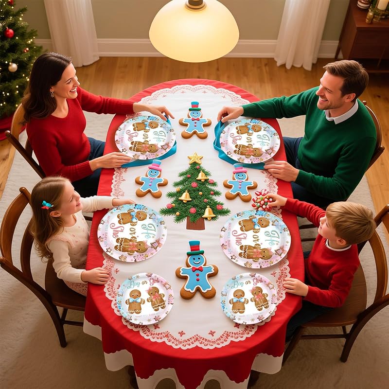 96Pcs Gingerbread Gender Reveal Party Tableware Kit – He or She Plates, Napkins & Forks, 24 Serves