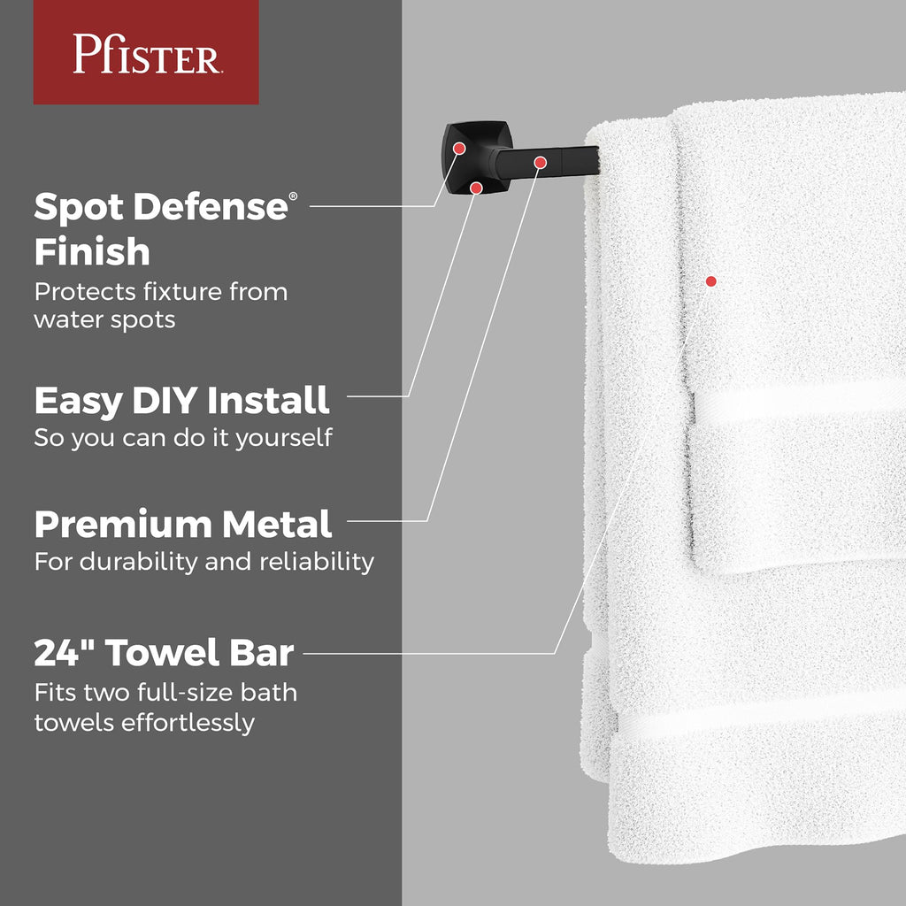 Pfister Vaneri Bath Towel Bar for Bathroom, 24-Inch, Wall-Mounted, Screw-In, Matte Black Finish, BTBVRI2B