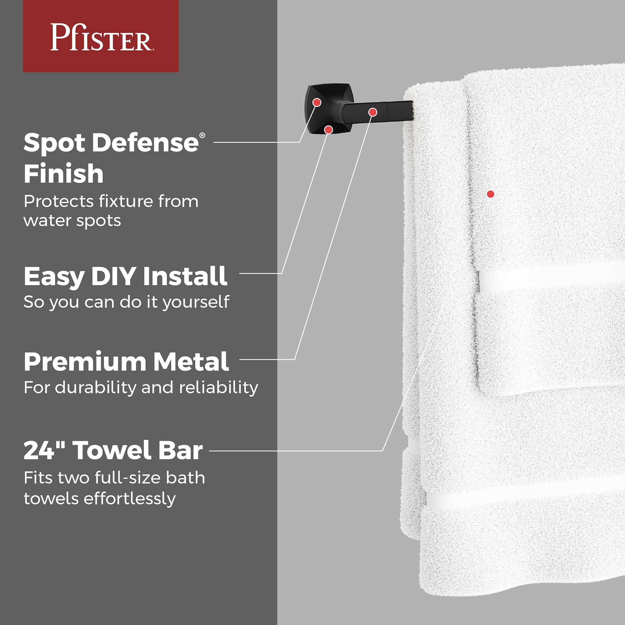 Pfister Vaneri Bath Towel Bar for Bathroom, 24-Inch, Wall-Mounted, Screw-In, Matte Black Finish, BTBVRI2B