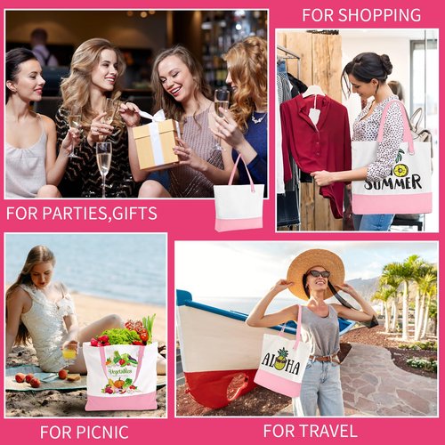 HWJH 1 Pack Canvas Tote Bag with Zipper, Blank Reusable Grocery Bags, Widened Washable Bag with Inner Pocket, Shopping Travel Large Tote Bags for DIY Heat Transfer, Christmas Craft Gift (Pink/White)
