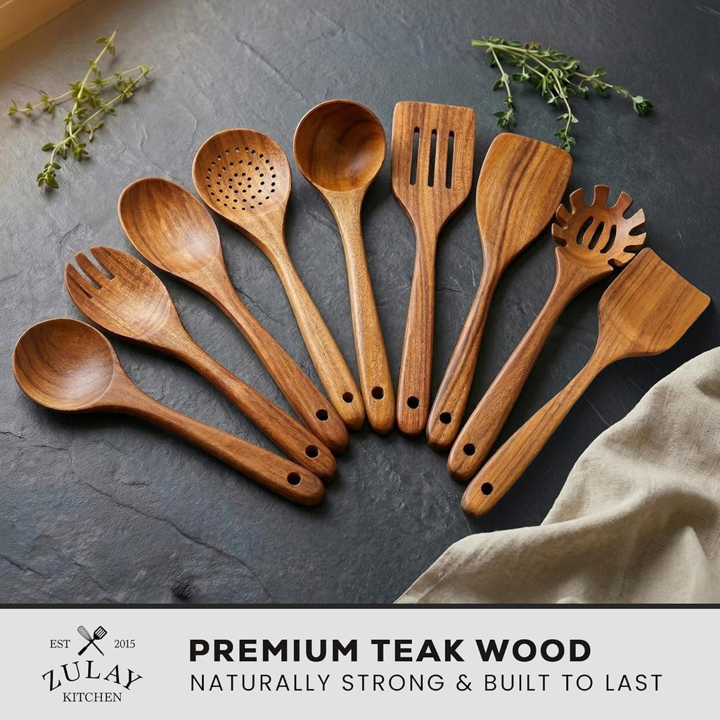 Zulay Kitchen 9-Piece Teak Wood Cooking Utensil Set - Non-Toxic, Non-Stick Tools with Comfortable Grip & Smooth Finish