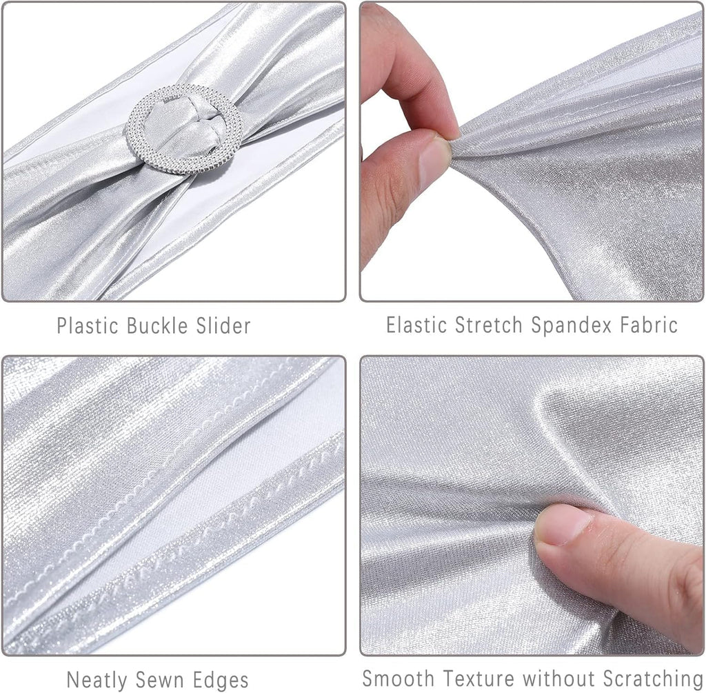 MDS Spandex Foil Chair Sashes - Universal Elastic Stretch Bands with Buckle for Weddings | Metallic Silver, Pack of 50