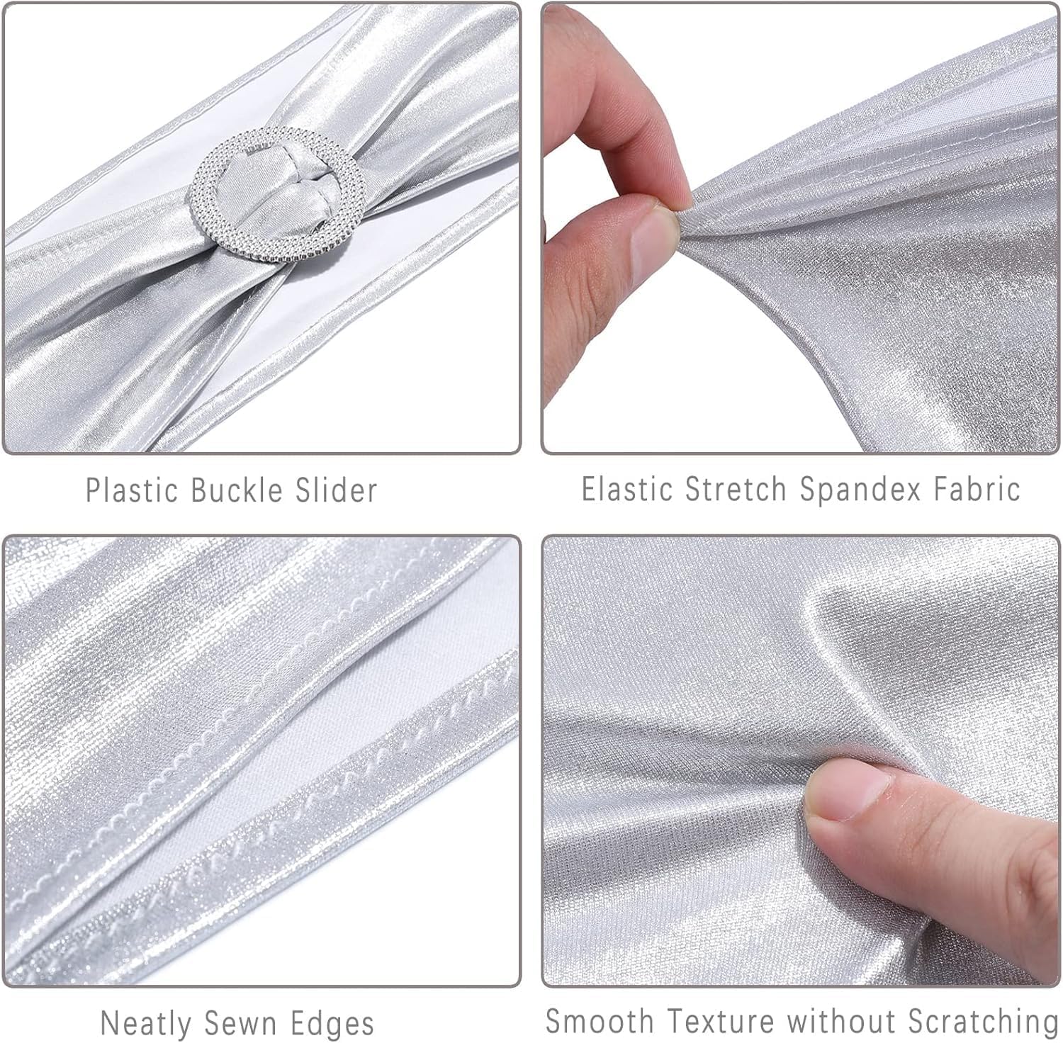 MDS Spandex Foil Chair Sashes - Universal Fit Elastic Stretch Bands with Buckle for Weddings | Metallic Silver (Pack of 10)