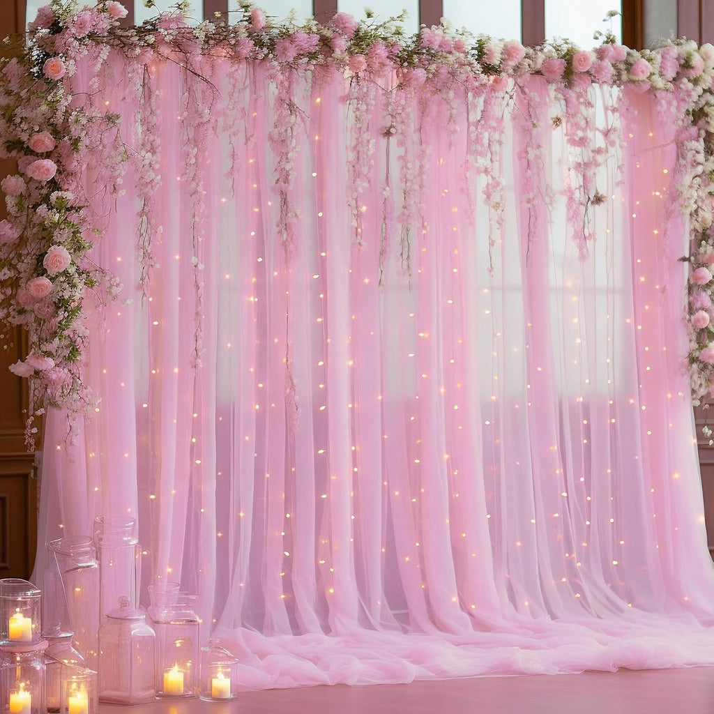Skiennix 10ft x 10ft Pink Backdrop Curtain - Sheer Tulle with String Lights for Weddings & Parties