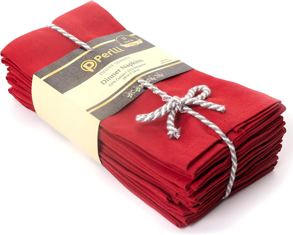 PERLLI Christmas Red Cloth Dinner Napkins - Soft Cotton Blend, 12 Pack, 18x18 Inches | Washable & Reusable Table Decor