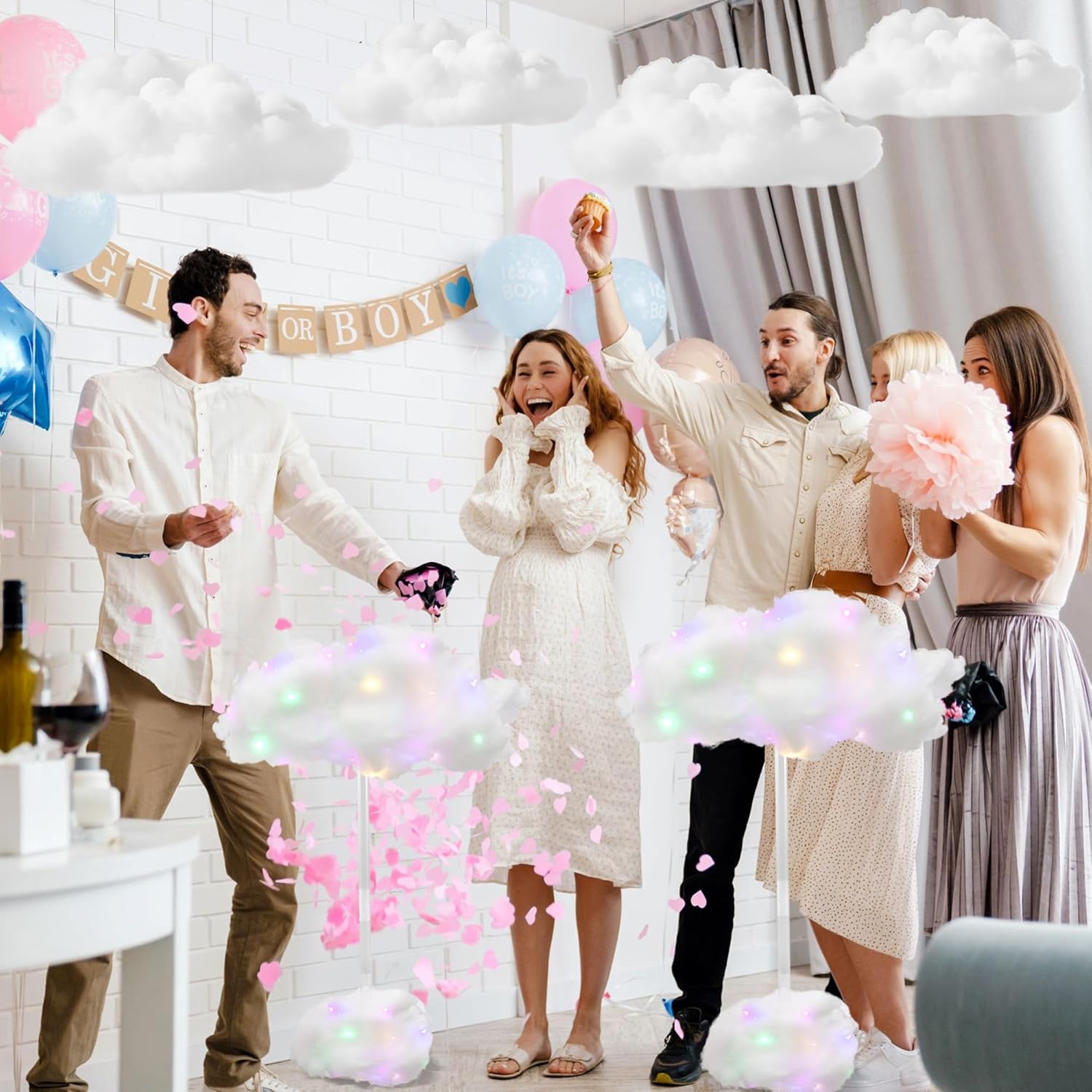 Skiennix LED Cloud Lights - 4 Set Fluffy Cotton Clouds Decor for Baby Showers & Parties | DIY Wall/Table Centerpiece