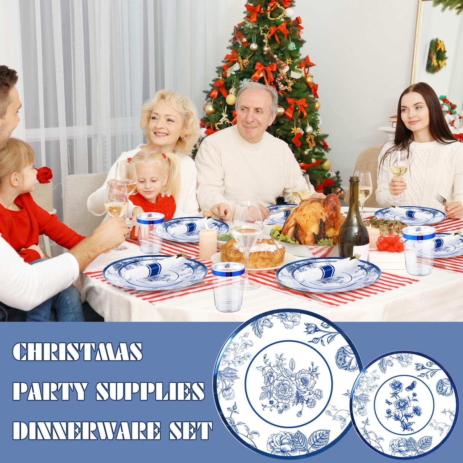 Suttmin 350 Pcs Plastic Dinnerware Set for 50 Guests Include 50 Dinner Plates, 50 Dessert Plates, 50 Pre Rolled Napkins with Gold Silverware, 50 Cups for Party(Blue and White Porcelain)