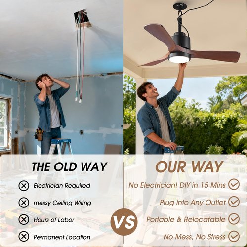Vaczon 42" Outdoor Ceiling Fan with Light & Remote - IP65 Waterproof Plug in Hanging Fan, 6-Speed Reversible DC Motor, 1850LM Dimmable LED for Patio, Porch, Gazebo, Pergola (Matte Black)