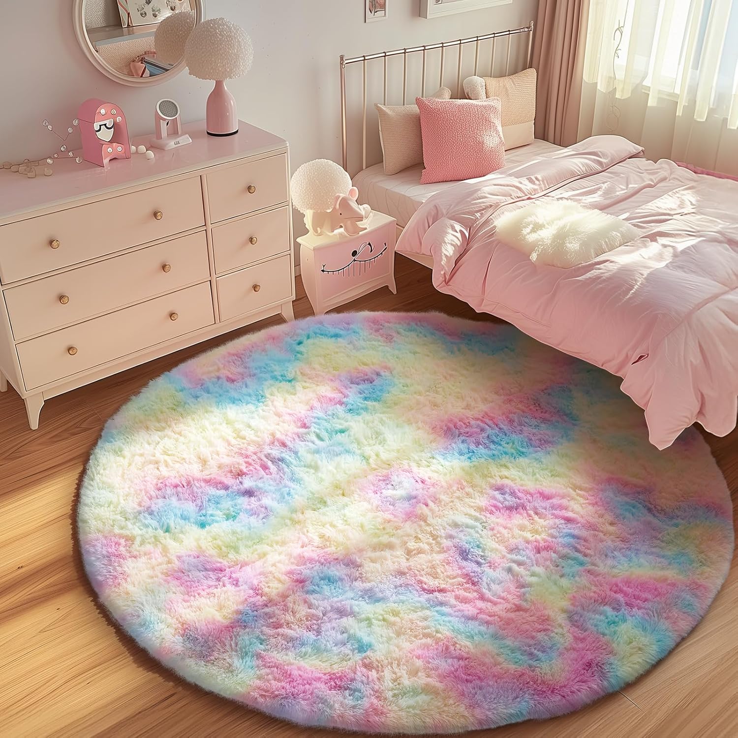 Ophanie Soft Fluffy Shaggy Rug - Colorful Rainbow Design | 6' Round for Bedroom & Living Room Decor